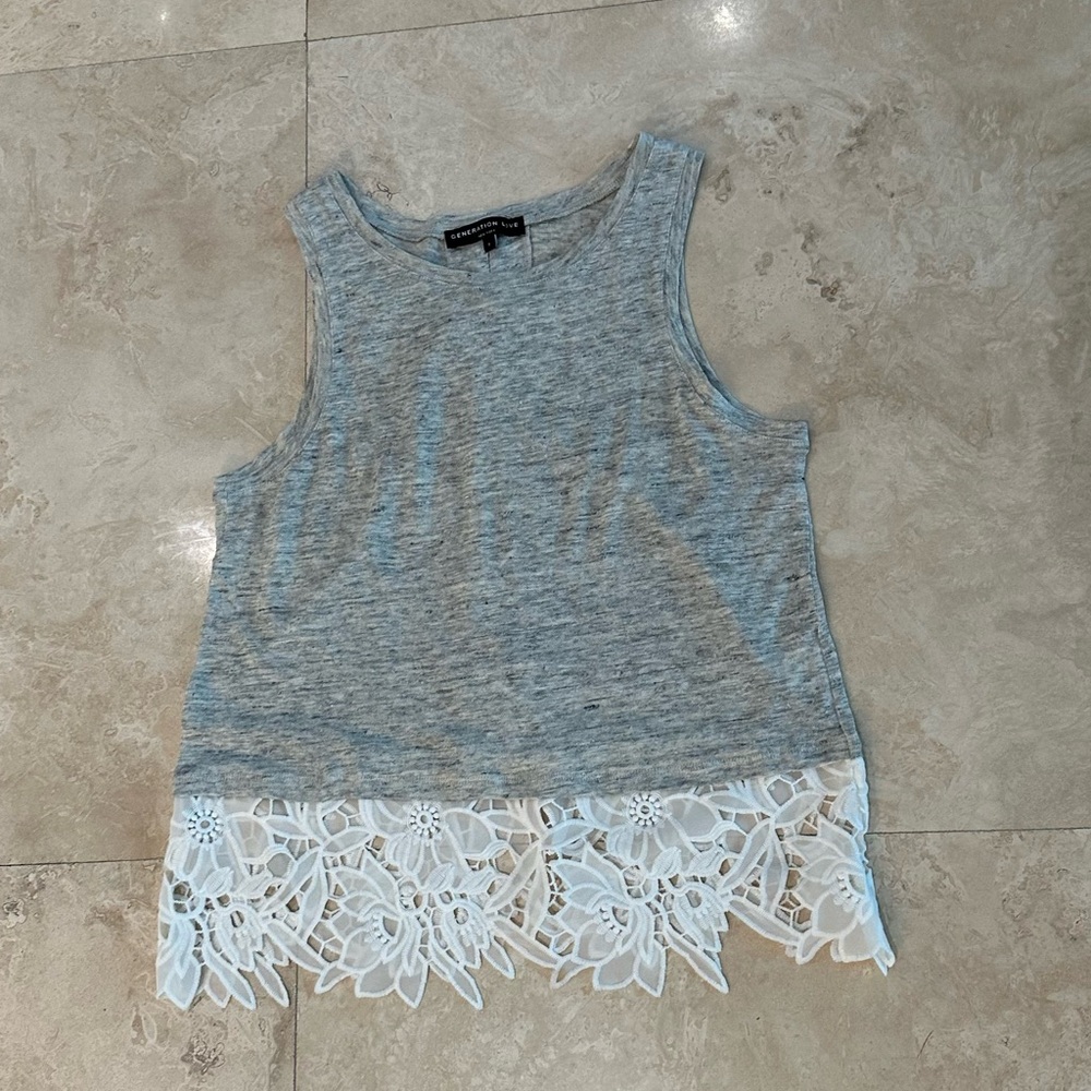 Generation Love Heather Gray Tank with Floral Lace Trim